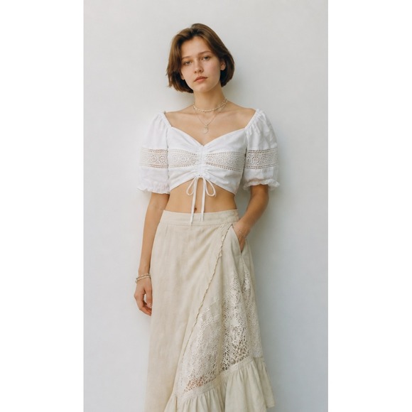 Do + Be Tops - Do+Be White Cropped Top Puff Sleeve Womens Large Drindl Peasant Rencore Romantic